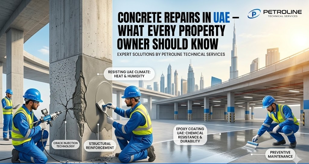 Concrete repairs in UAE using epoxy coating and waterproofing solutions for long-lasting protection