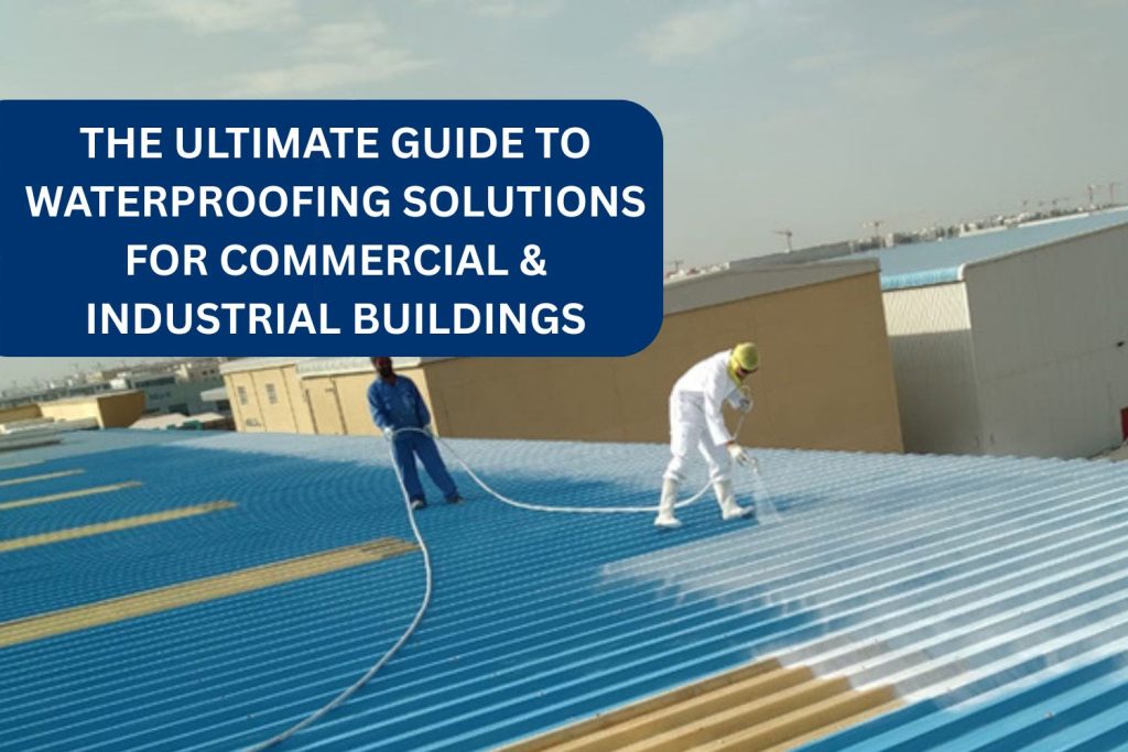 workers doing waterproofing on industrial building in UAE.