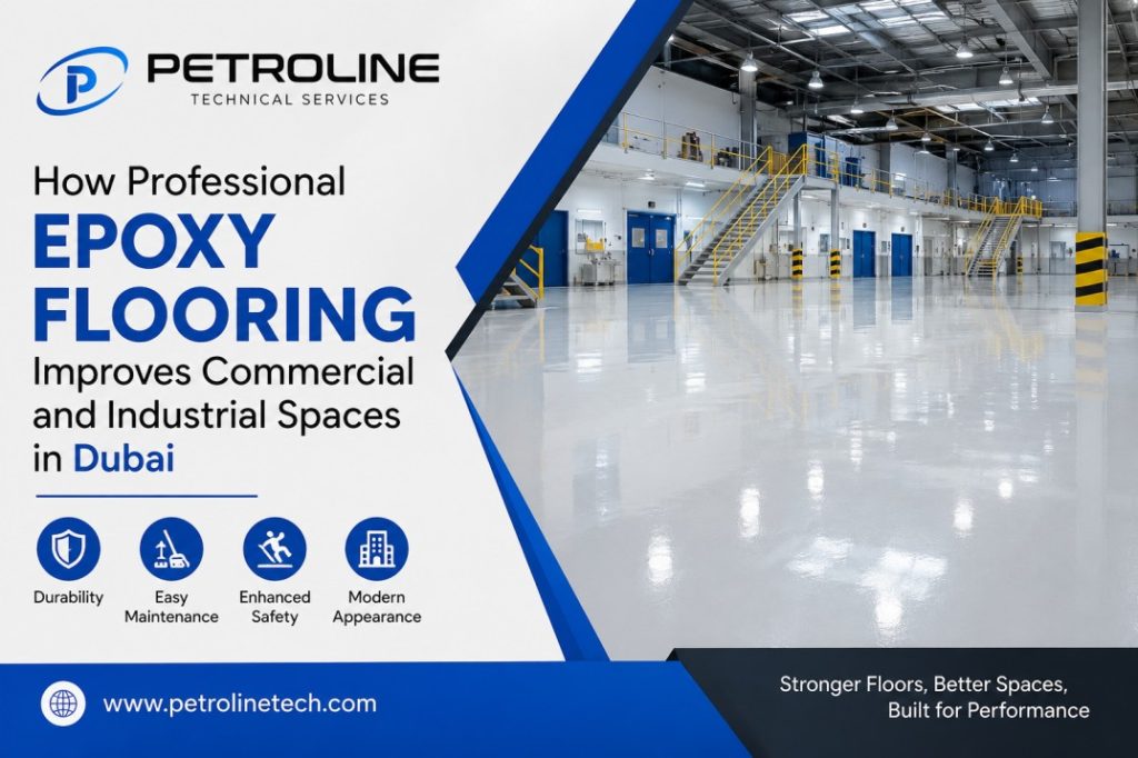 Epoxy floor coating contractor Dubai installing durable epoxy flooring in a modern commercial and industrial facility
