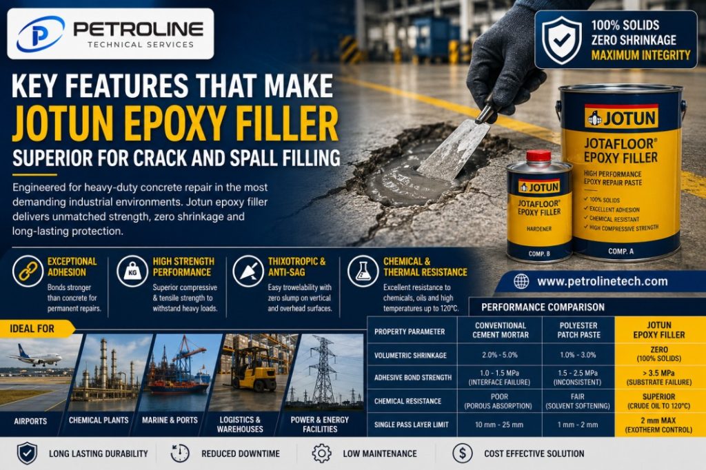 Jotun epoxy filler for industrial concrete crack and spall filling with high strength, zero shrinkage, and superior adhesion for long lasting structural repairs.