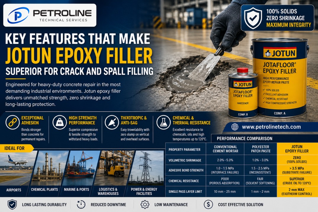 Jotun epoxy filler for industrial concrete crack and spall filling with high strength, zero shrinkage, and superior adhesion for long lasting structural repairs.