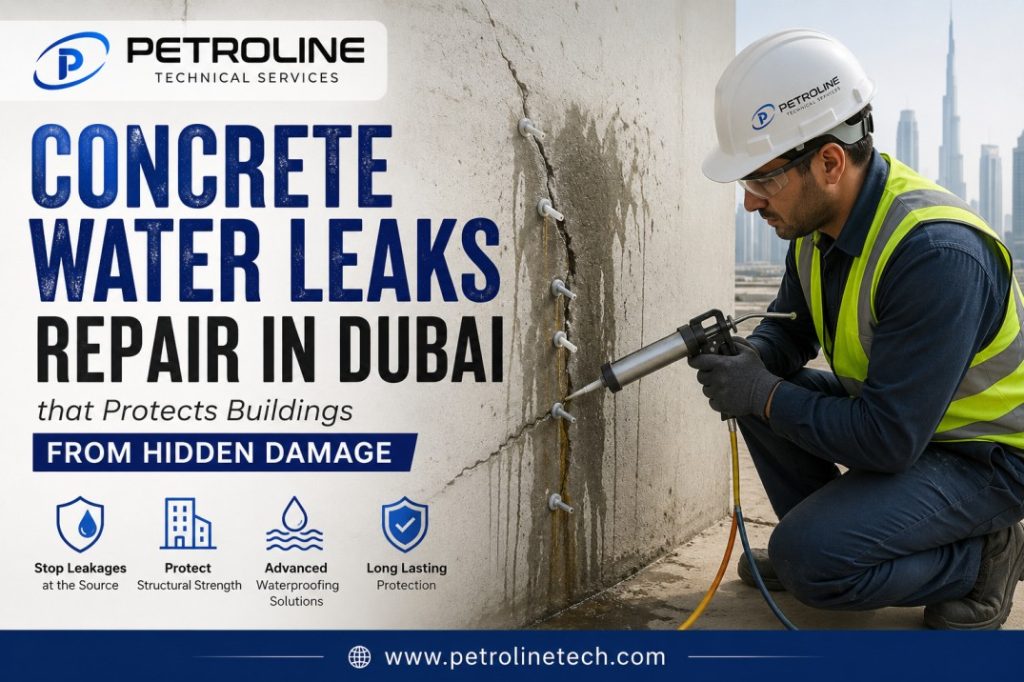 Professional concrete water leaks repair in Dubai using advanced waterproofing and crack injection to protect commercial buildings from hidden water damage