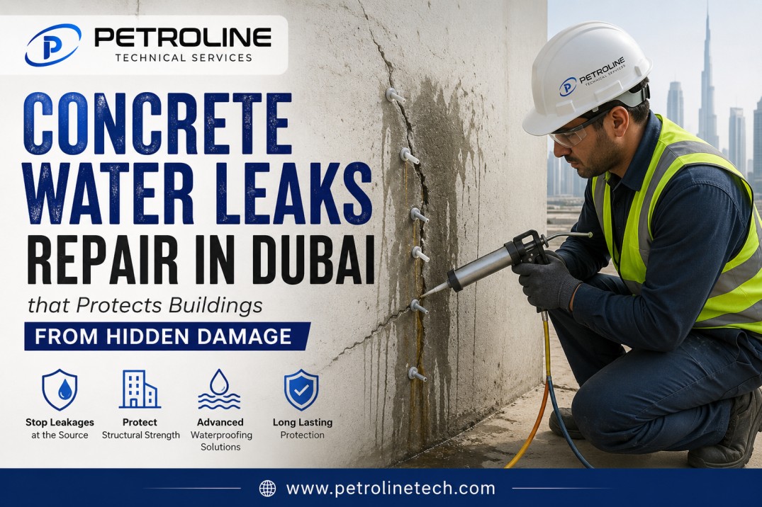 Professional concrete water leaks repair in Dubai using advanced waterproofing and crack injection to protect commercial buildings from hidden water damage