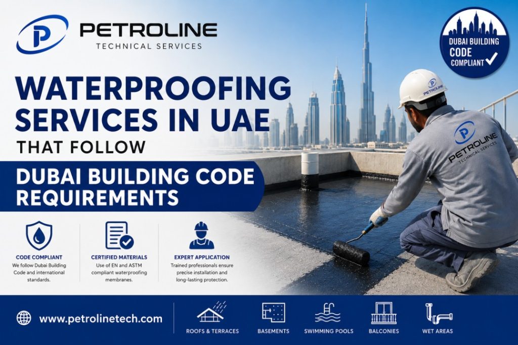 technician applying waterproofing services in UAE on a rooftop membrane