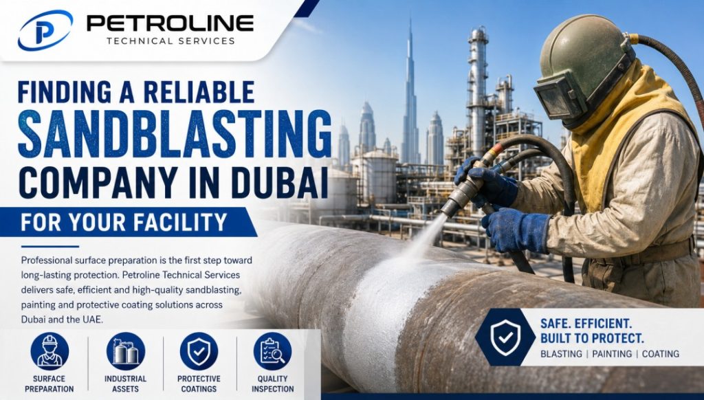 Sandblasting company in Dubai providing industrial surface preparation for steel pipes and facilities