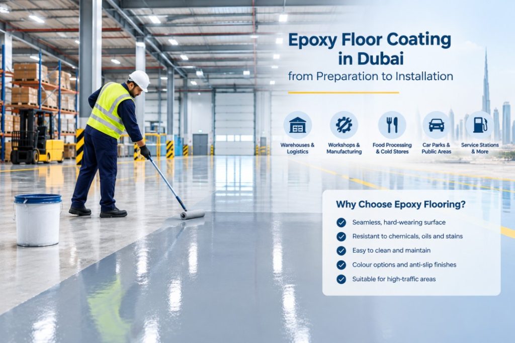 Epoxy coating in Dubai being professionally applied to an industrial warehouse floor