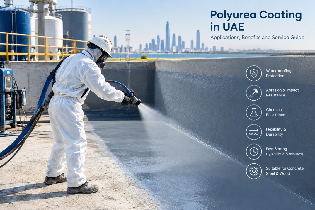 Polyurea coating in UAE applied by a technician to a prepared industrial concrete surface