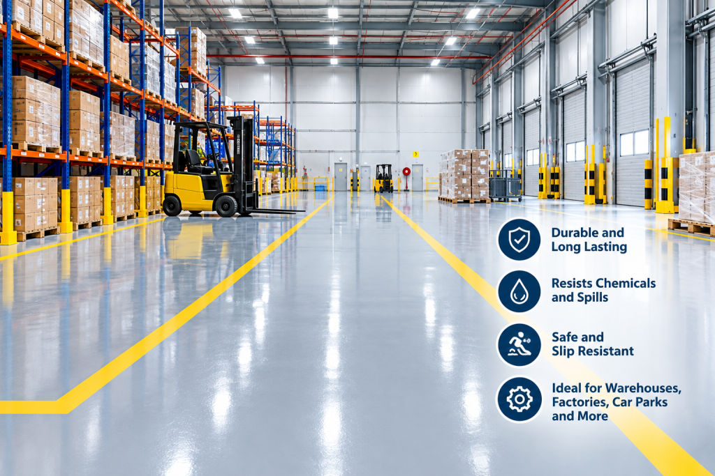 High-gloss epoxy floor coating in Dubai applied in a modern industrial warehouse, featuring yellow safety markings, heavy-duty shelving, and a forklift.